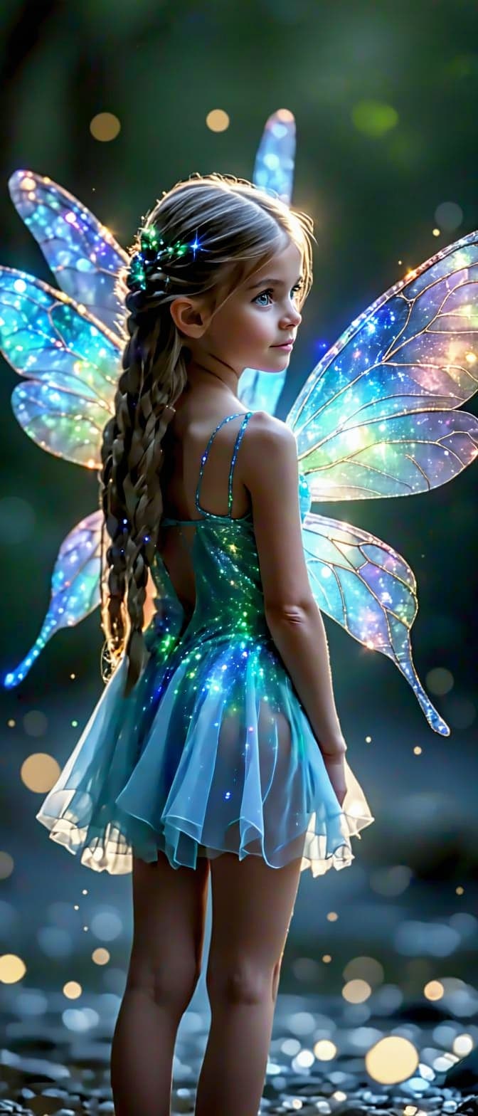 AI generated: A professional photo of a realistic of a Fairy  tween (full Body) with shimmering dragonfly wings, c...