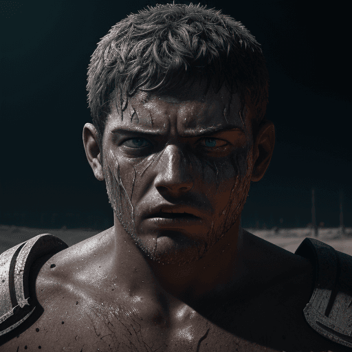 AI generated: The gladiator stands after the battle, fear and horror on his face, tired and beaten, sand on his fa...