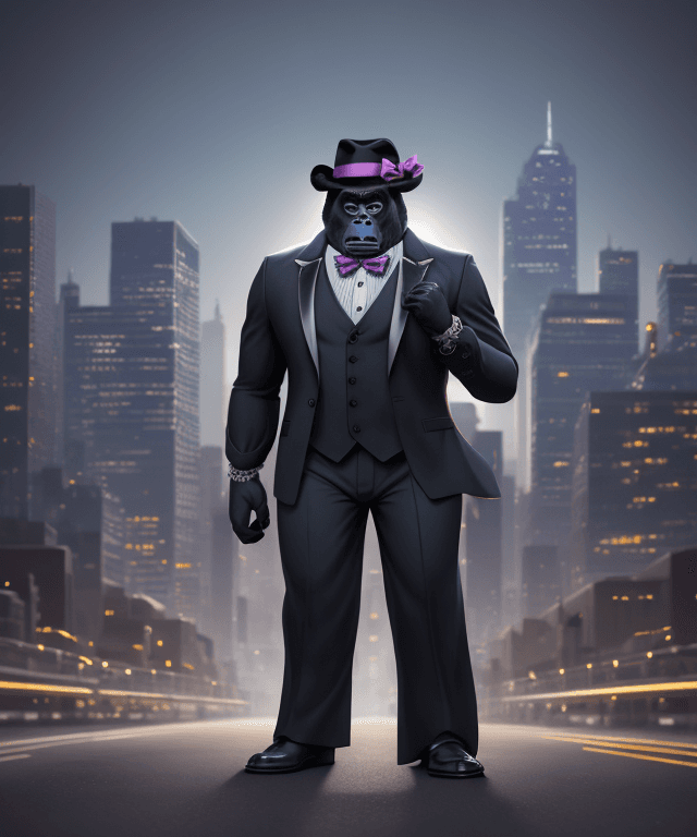 AI generated: A fashionable gorilla is dressed in a fedora hat and a bowtie, standing against a colorful cityscape...