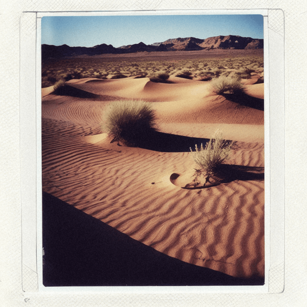 AI generated: Desert landscape, sunny day, harsh light, polaroid photo with white border, analog photography, fade...