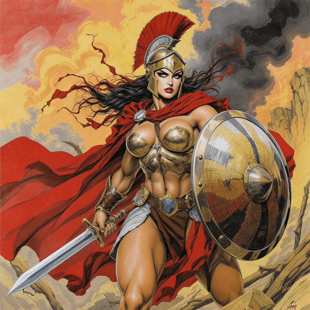AI generated: Comic book realistic illustration, full body shot of a young gorgeous Spartan woman with thick aesth...