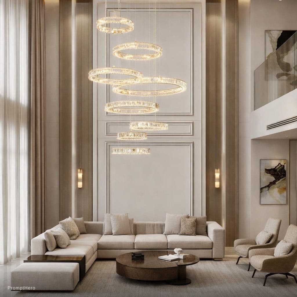 AI generated: neo classical theme double height drawing room in shades of beige and white and grey,add changelier 