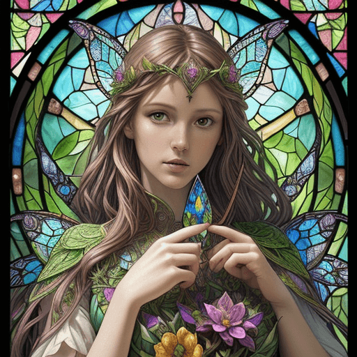 AI generated: stained glass art of beautiful fairy queen in garden, mosaic-stained glass art, stained-glass illust...