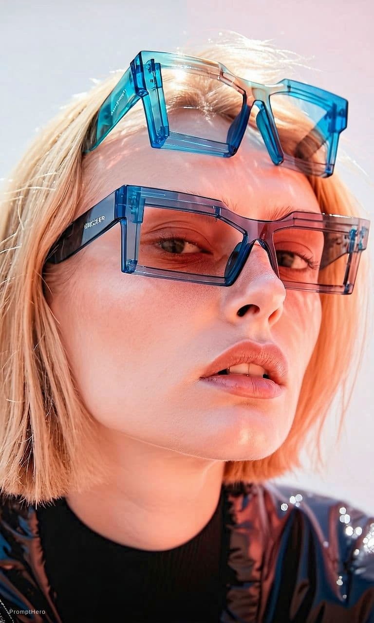 AI generated: Fashion shoot, Jacquemus and Moncler collaboration: dark blue translucent futuristic sunglasses, hyp...