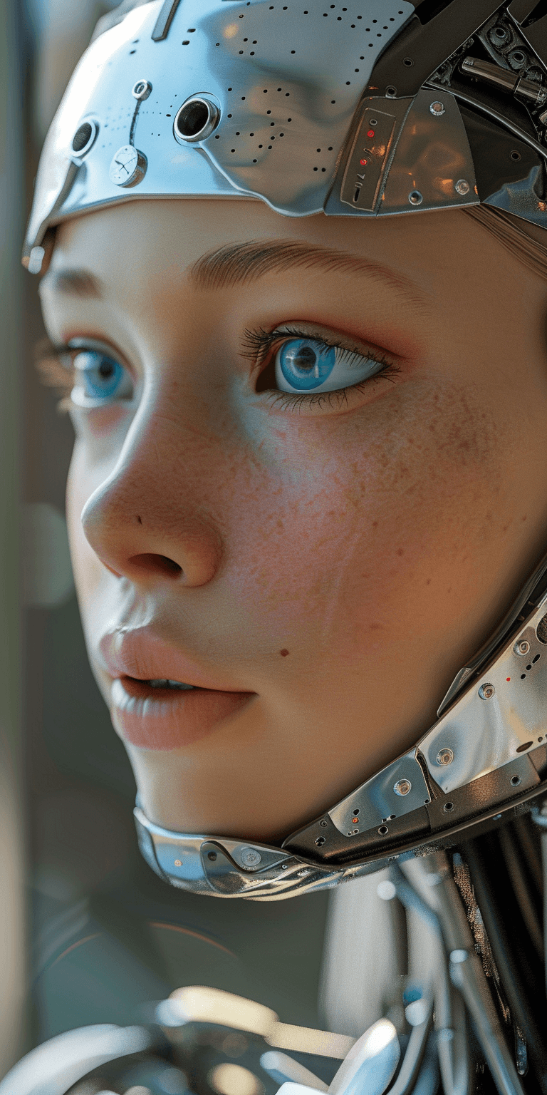 AI generated: humanoid robot, female, hyper-realistic, lifelike, ultra-detail, optimal lighting UHD --ar 1:2