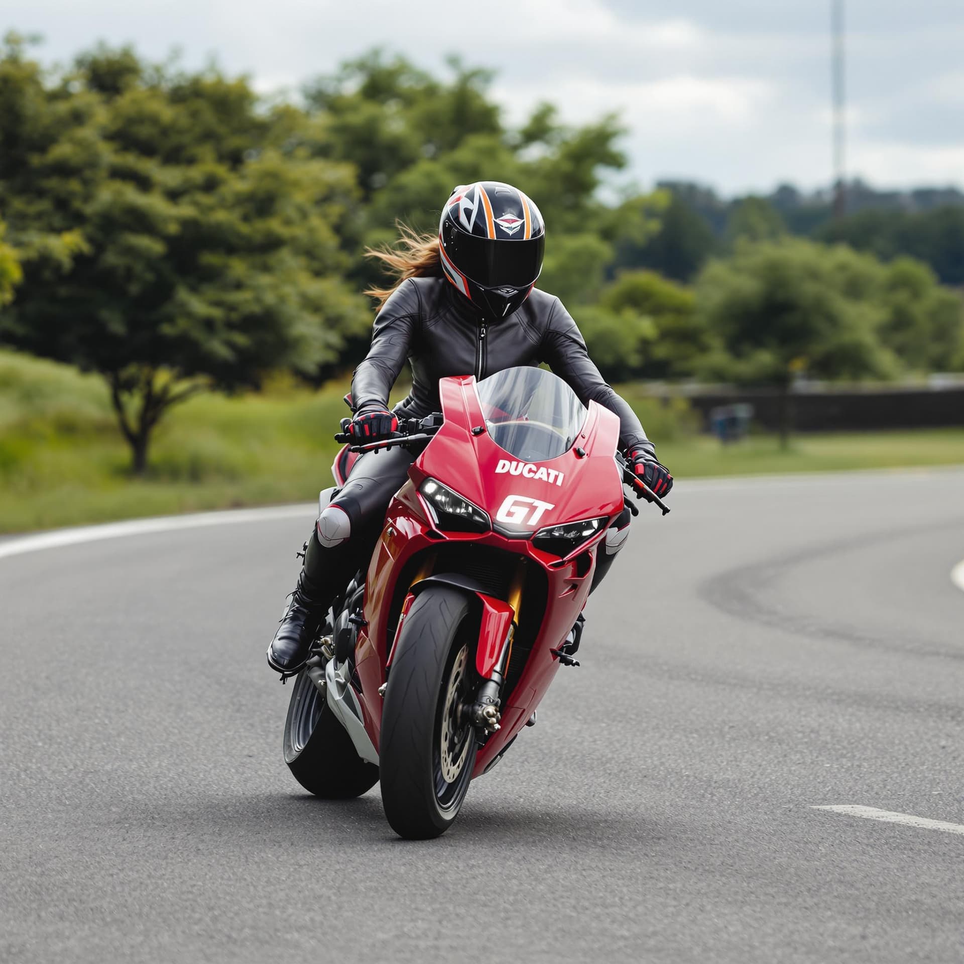 AI generated: woman riding a ducati motorcycle at the isle of man tt wearing tight leather suit 