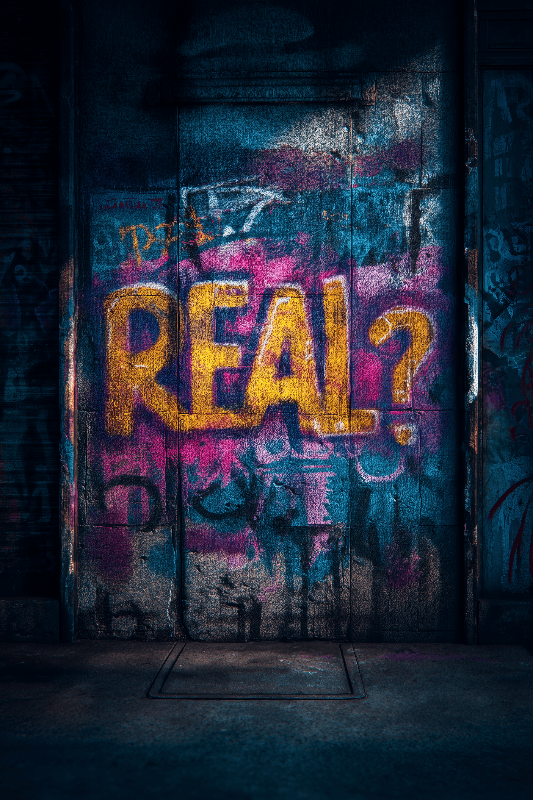AI generated: street graffiti, textured concrete wall, spray colors, layered, lettering "REAL?", night shadows, ed...