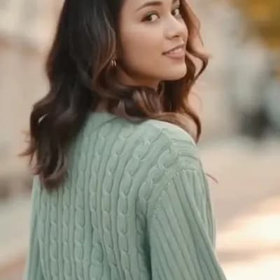 AI generated video: turn and smile. brush her hair over her ear