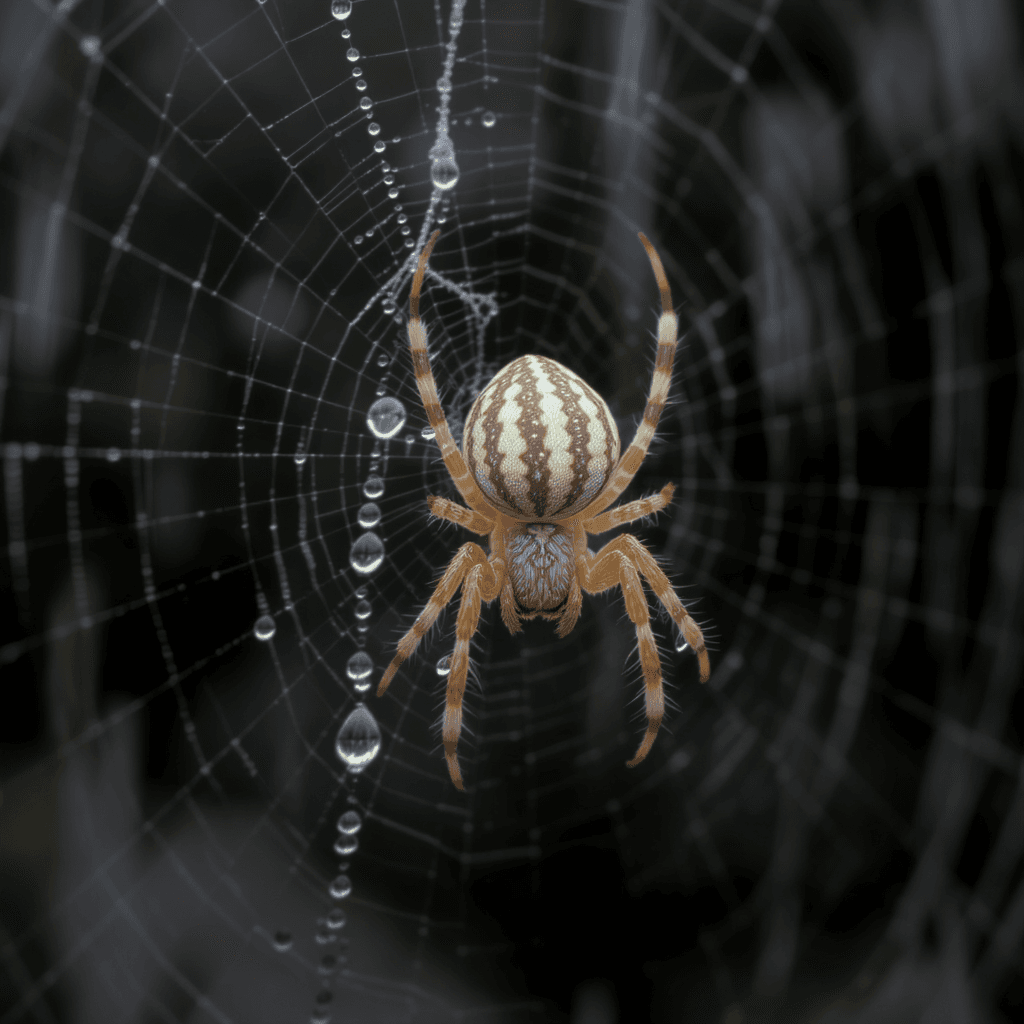 AI generated: a macro photograph of a spider repairing its web after a rainstorm, silk threads are adorned with li...