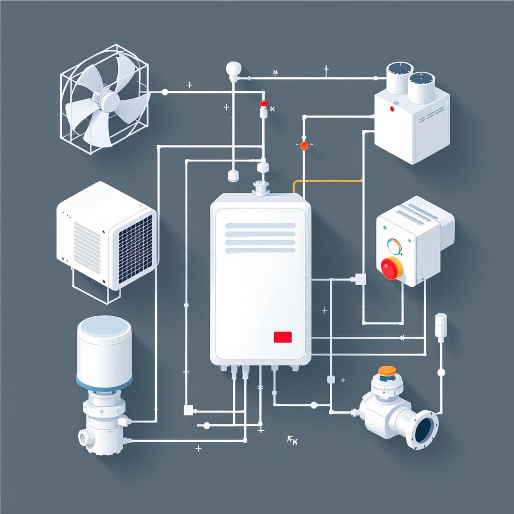 AI generated: 2D illustrations of HVAC system components for a SCADA interface: fan, heater, damper, sensor, valve...