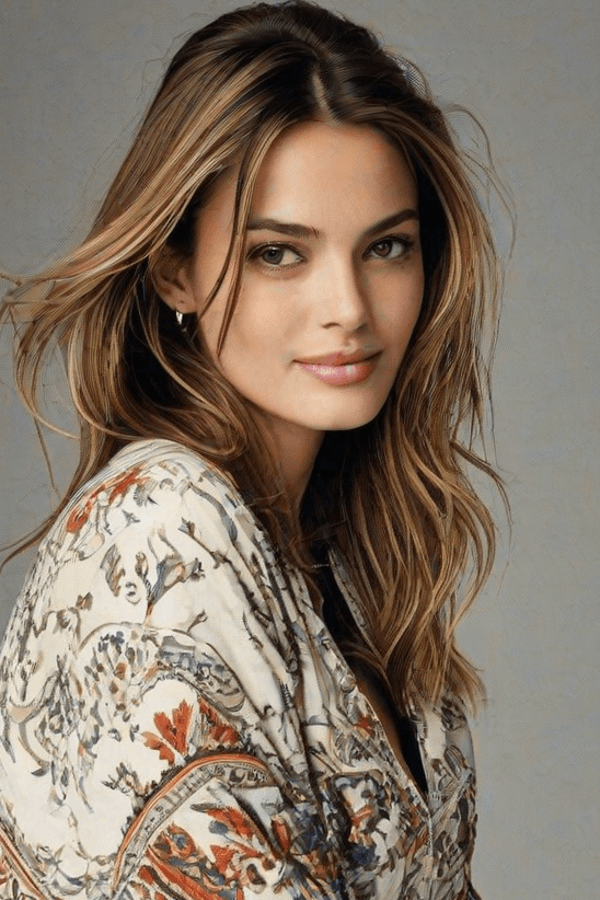 AI generated: A portrait of a woman with a natural and approachable look. Her long hair should have a blend of blo...