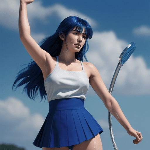 AI generated:  girl with showering ultramarine hair streaming down shoulders, in stance with one fist pumped to th...