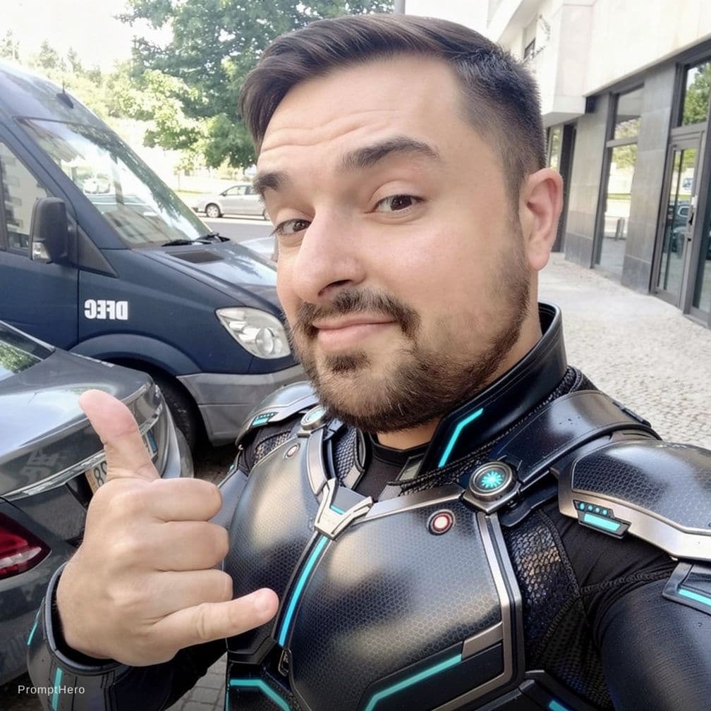 AI generated: gera uma foto em modelo selfie com o homem desta foto com fato de super herói muito avançado tecnolo...