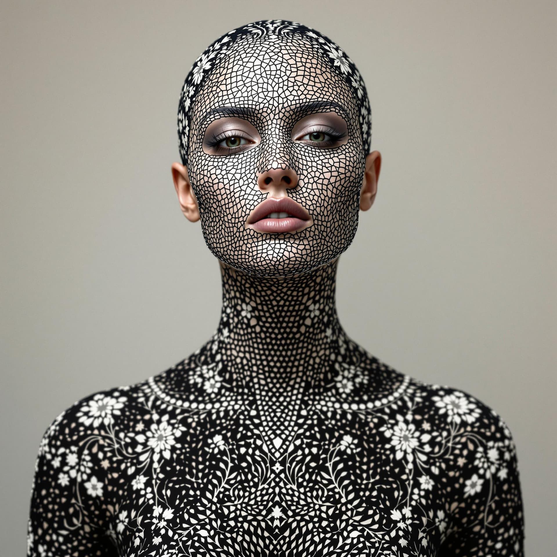 AI generated: the whole face, shoulders and chest are pierced with openwork threads in the style of Ukrainian nati...