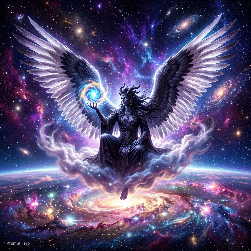 AI generated: The image depicts an impressive, fantastical scene in outer space. At the center is a creature with ...