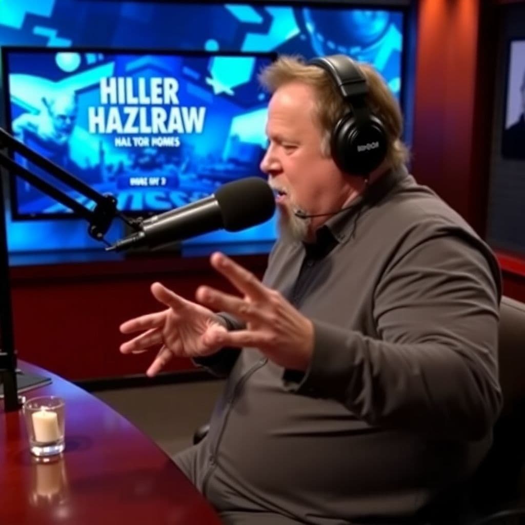 AI generated: Joe Rogan catches hitler breaking onto his set during a podcast and chases after him in a panicked f...