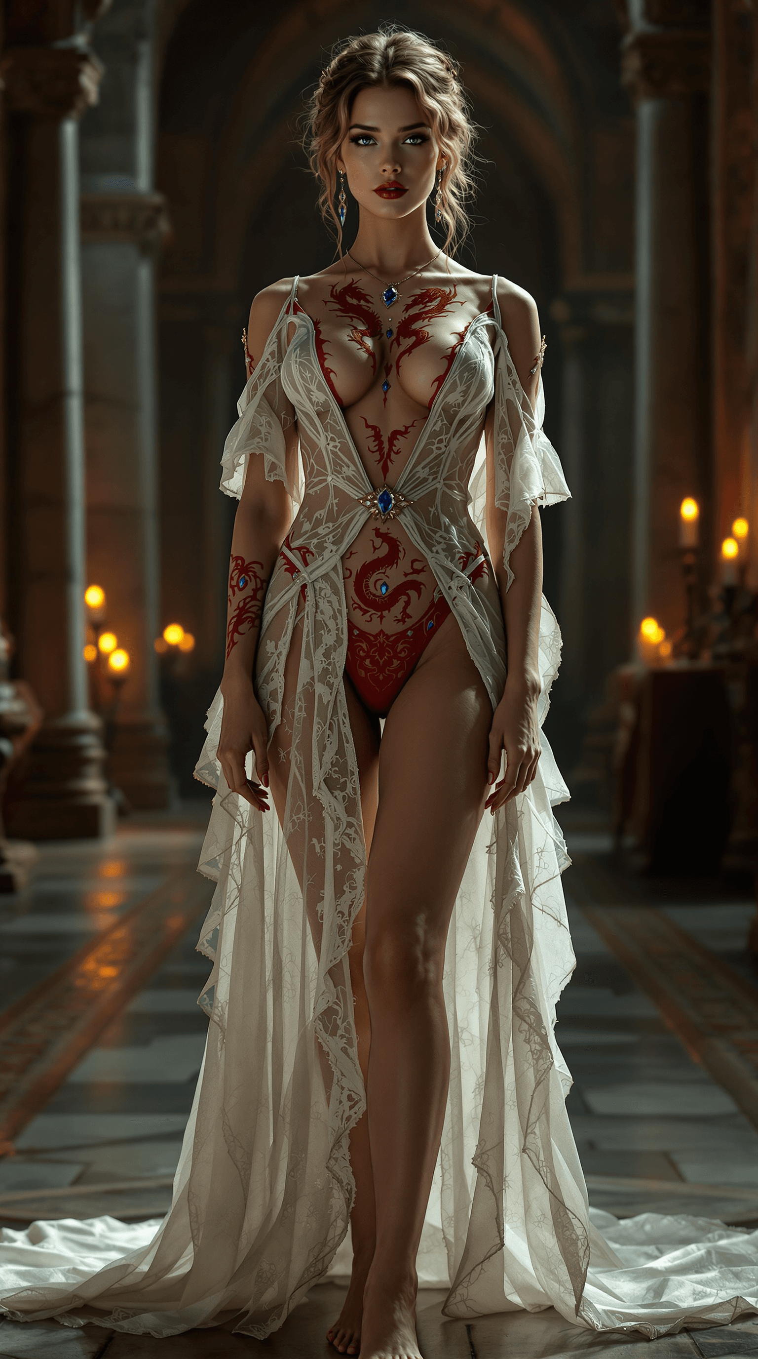 AI generated: a full-body view of a noblewoman from the Middle Ages of England, elegantly poised in a grand, dimly...
