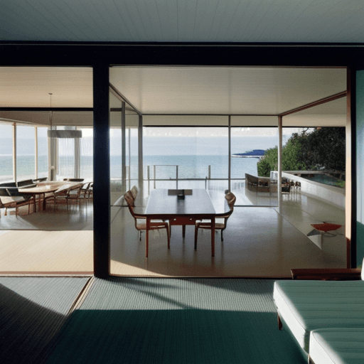 AI generated: Hyper realistic eye level exterior photo of a mid century modern style house overlooking the ocean, ...