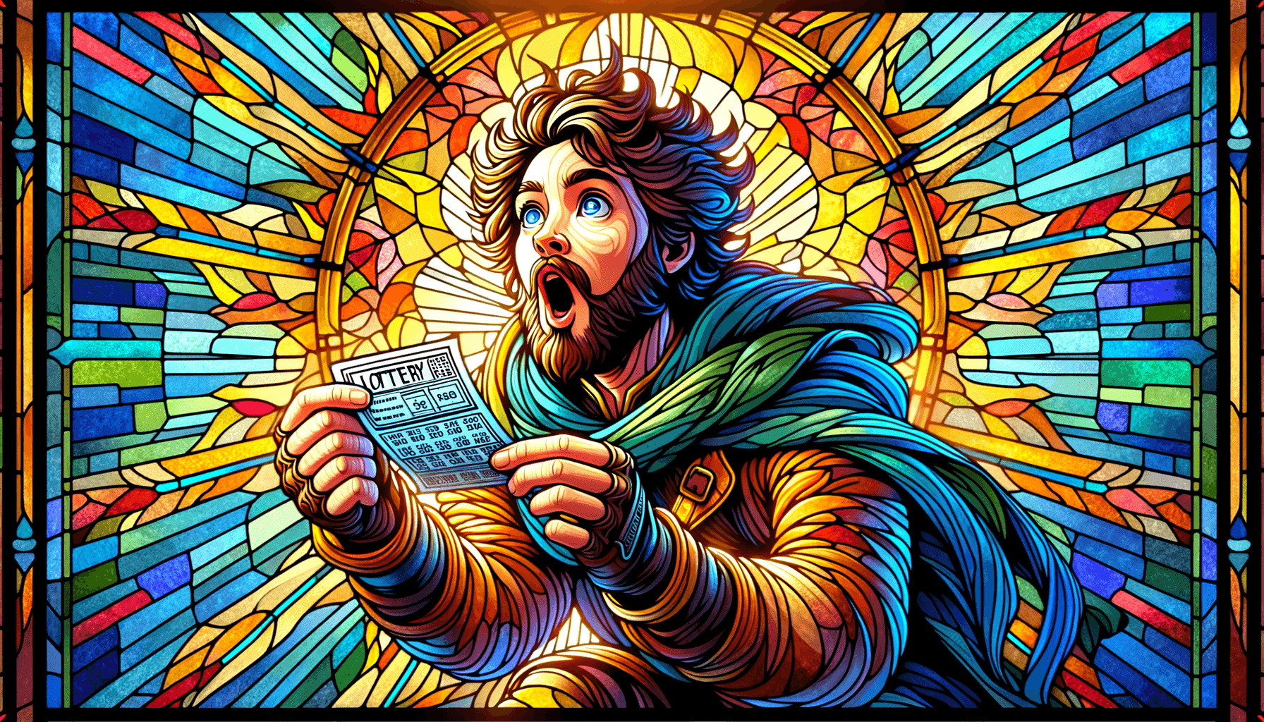 AI generated: Frodo surprised when he wins the lottery, style stained glass
