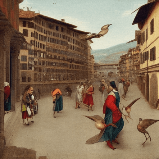AI generated: A long-hair man is walking in the street of Florence in 1503, a bird is flying, mas is looking at bi...