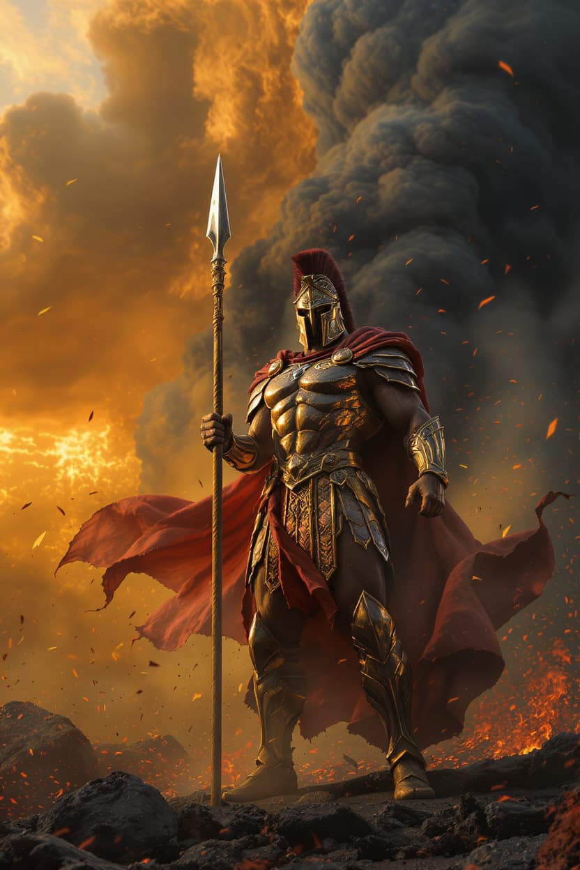 AI generated: "A sweeping, wide-angle shot of Mars, Roman god of war, standing on a scorched battlefield under a s...