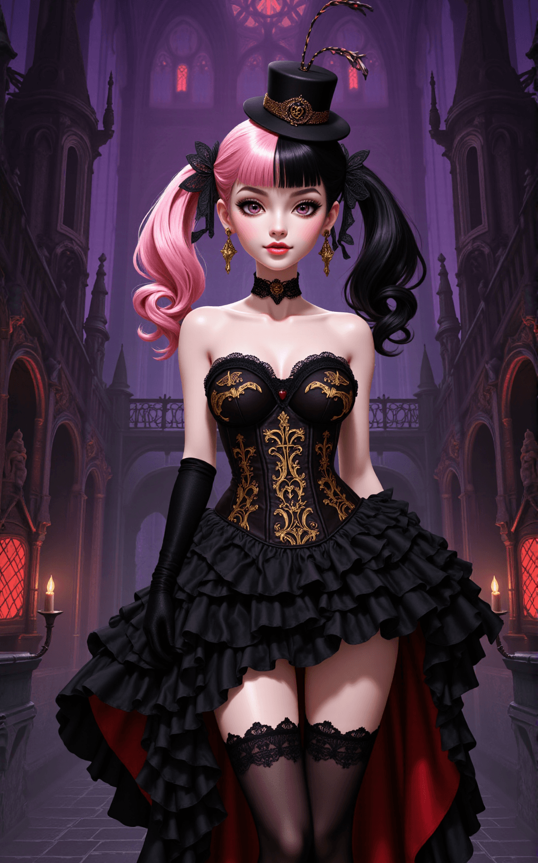 AI generated: In a grand Victorian castle steeped in gothic romance, Draculaura stands poised and unmistakable, he...