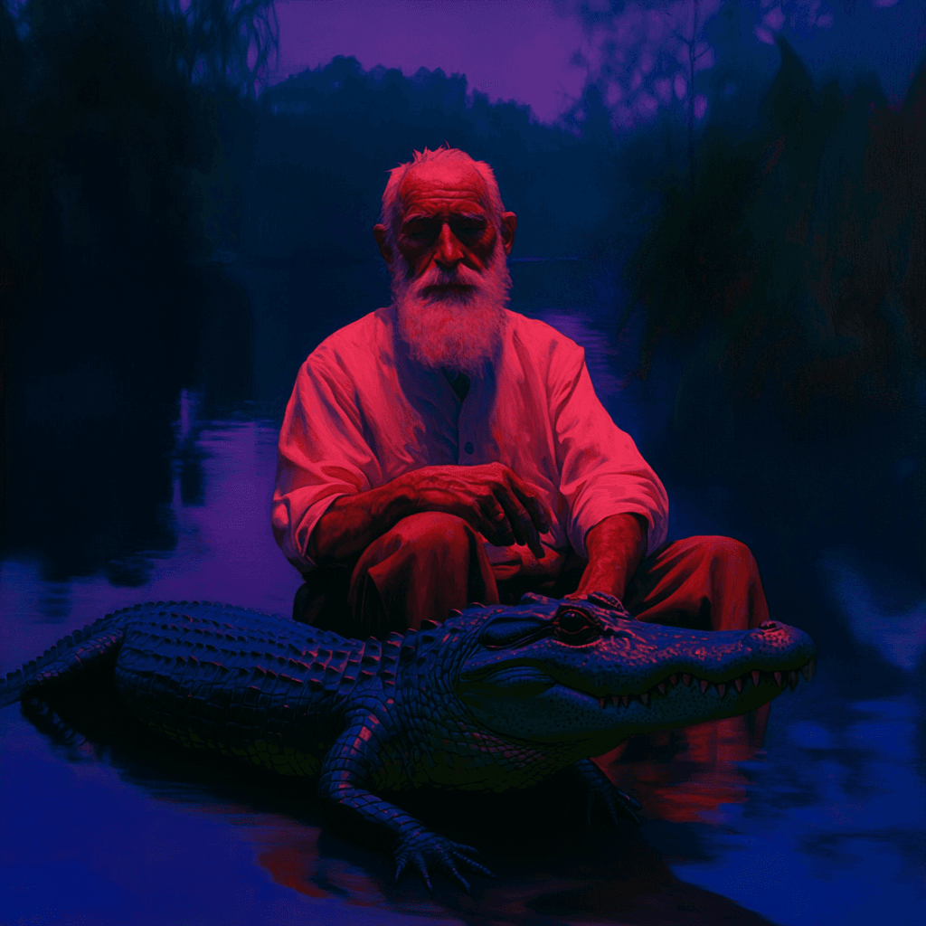 AI generated: an old man with white beards pets his alligator in a swamp


--sref
 3646907535

--v
 6
