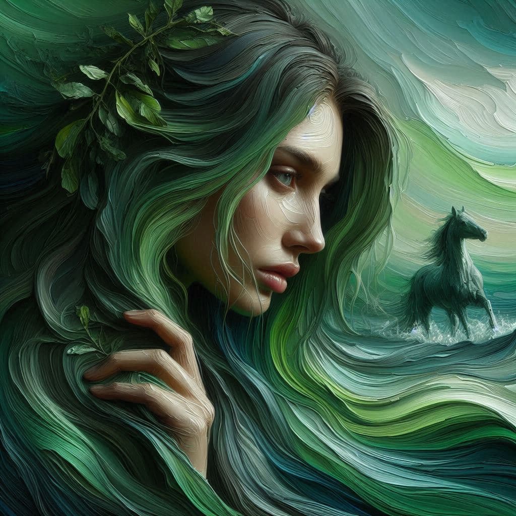 AI generated: Green, green, how I love you! Green ageri. Green strands. The boat on the sea, The horse beyond the ...