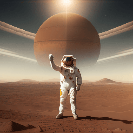 AI generated: A smiling astronaut stands on the red soil of Mars, proudly waving the Hungarian flag. In the backgr...