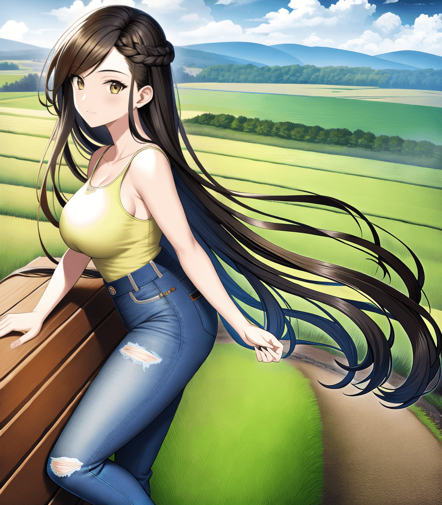 AI generated: (perfect anime illustration), 1girl, braided buns, long brown hair, hair over eye, denim, farmer, co...