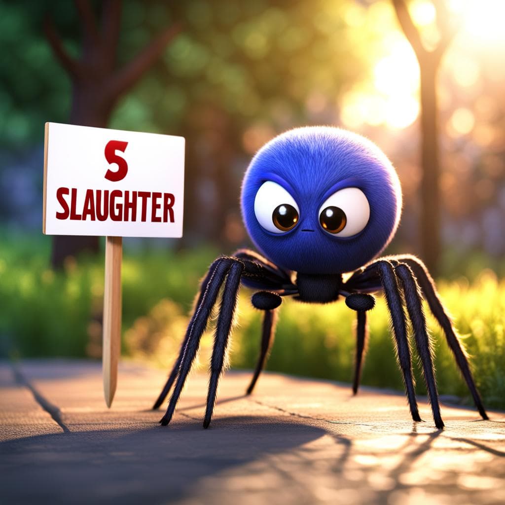 AI generated: A mean spider holding a sign with the words "slaughter" written on, Pixar style, 3D render, 8k resol...