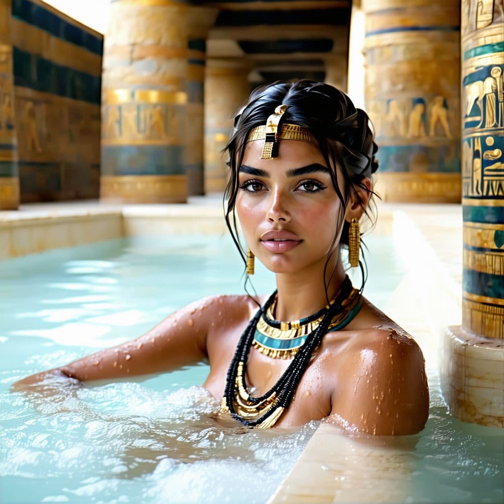 AI generated:  A photo of a 20 year old a egypt queen looking like Adriana Lima taking a bath in the white water o...