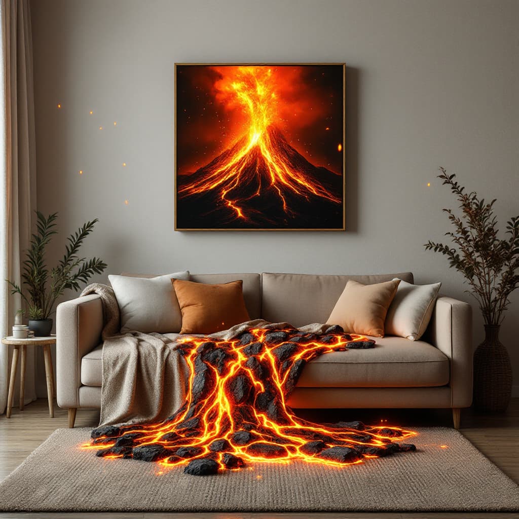 AI generated: A cozy living room features a soft sofa and a warm, textured rug. Above the couch hangs a dramatic p...