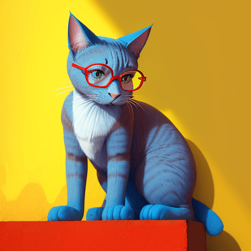 AI generated: blue cat, with red glasses in a yellow wall
