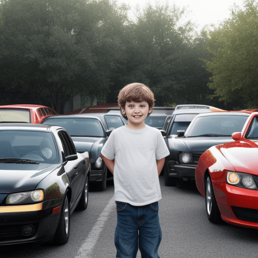 AI generated: a boy surrounded by 6 cars
 