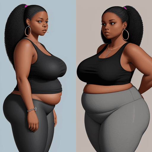 AI generated: Skinny black woman gained weight over time and became fat. She is very full, and very wide. overweig...