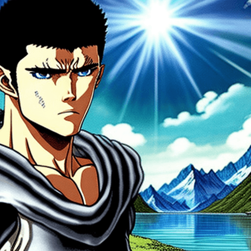AI generated: Représentez une scène épique avec le protagoniste Guts de Berserk, flottant majestueusement sur un p...