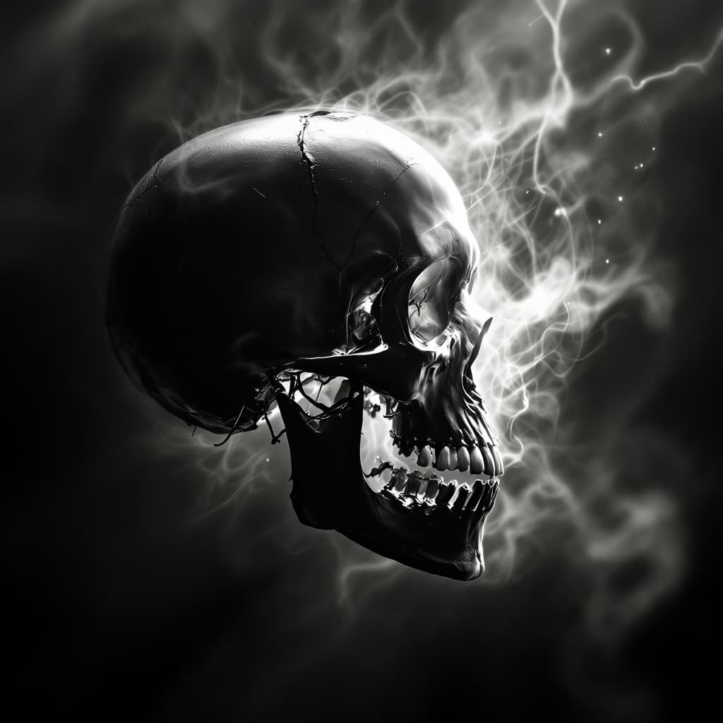 AI generated: side view of a skull looking down, dramatic lighting
