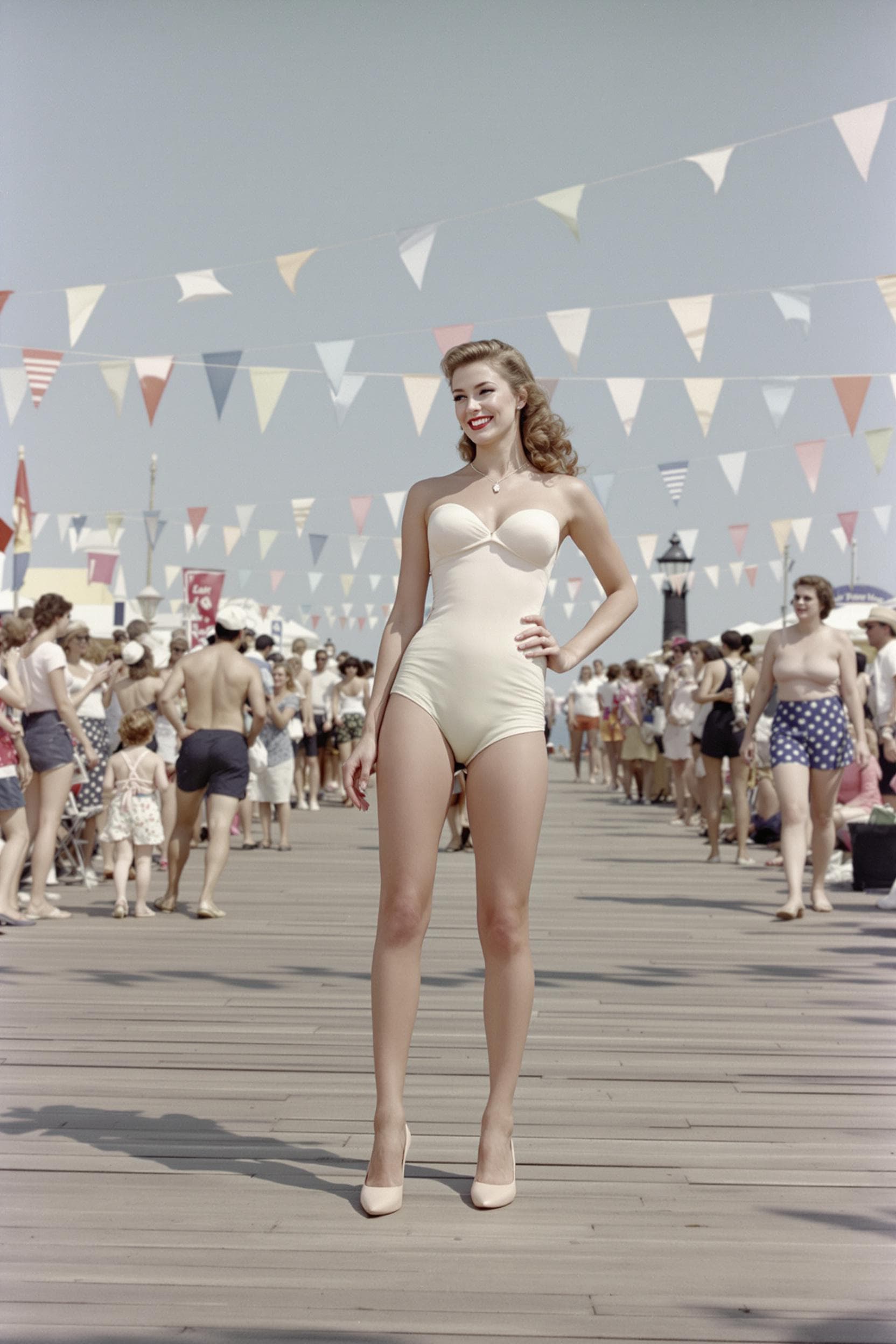 AI generated: A 1950s model posing on a wooden boardwalk in a pastel-colored swimsuit with a sweetheart neckline a...