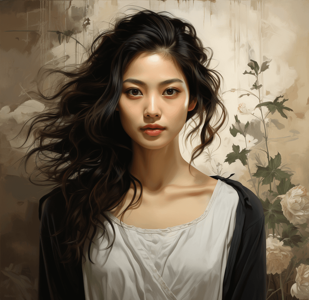 AI generated: a young Korean woman is posing for a picture, in the style of realistic yet ethereal, dark gray and ...