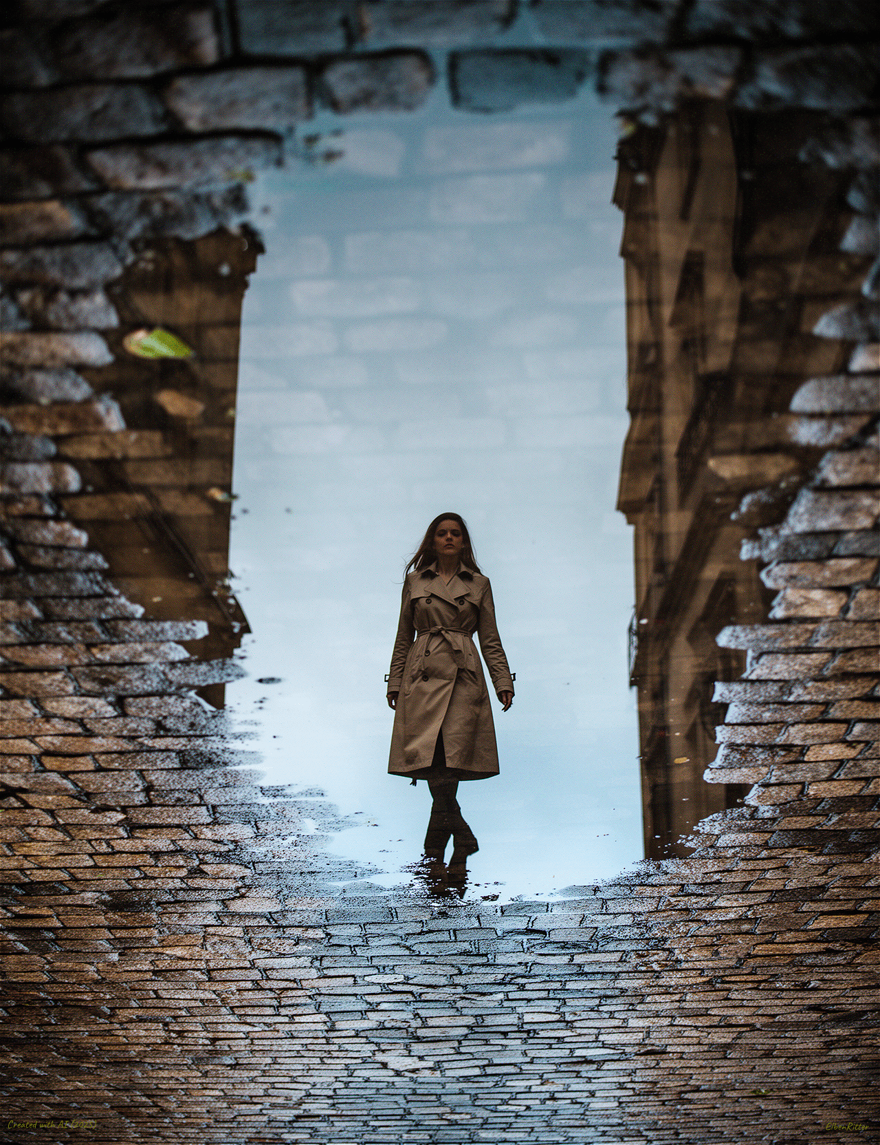 AI generated: Subject: A walking woman in a trenchcoat reflects in a puddle on a cobblestone street within an old ...
