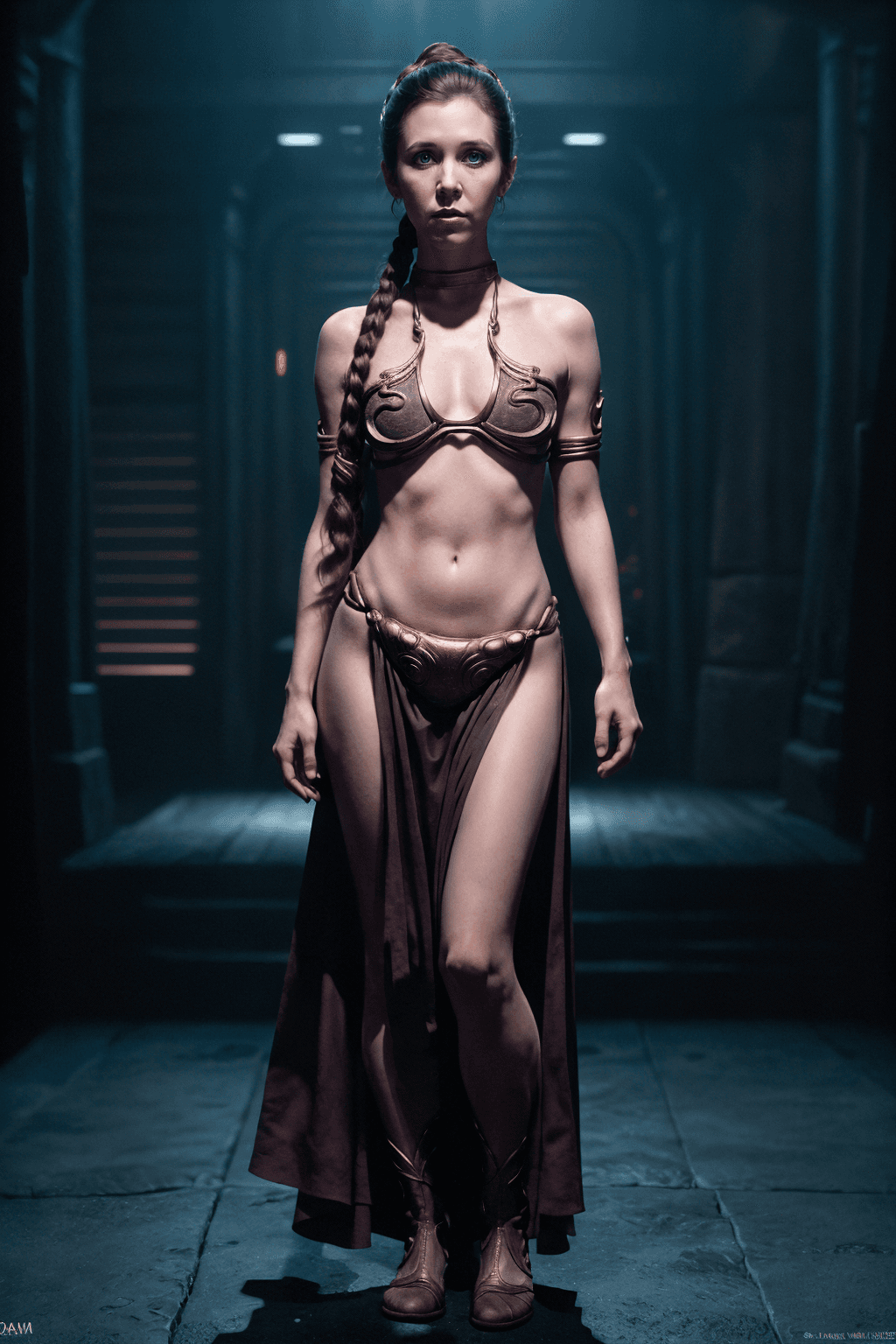 AI generated: dramatic light, dim light, low light, rim lighting, woman like princess Leia in star wars costume st...