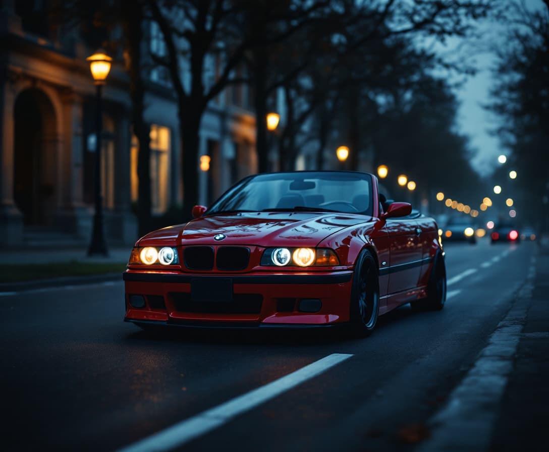 AI generated: dark red bmw e39 M5 convertible, lit angel eyes, cinematic, hyper realism, high detail, 8k, dark eve...