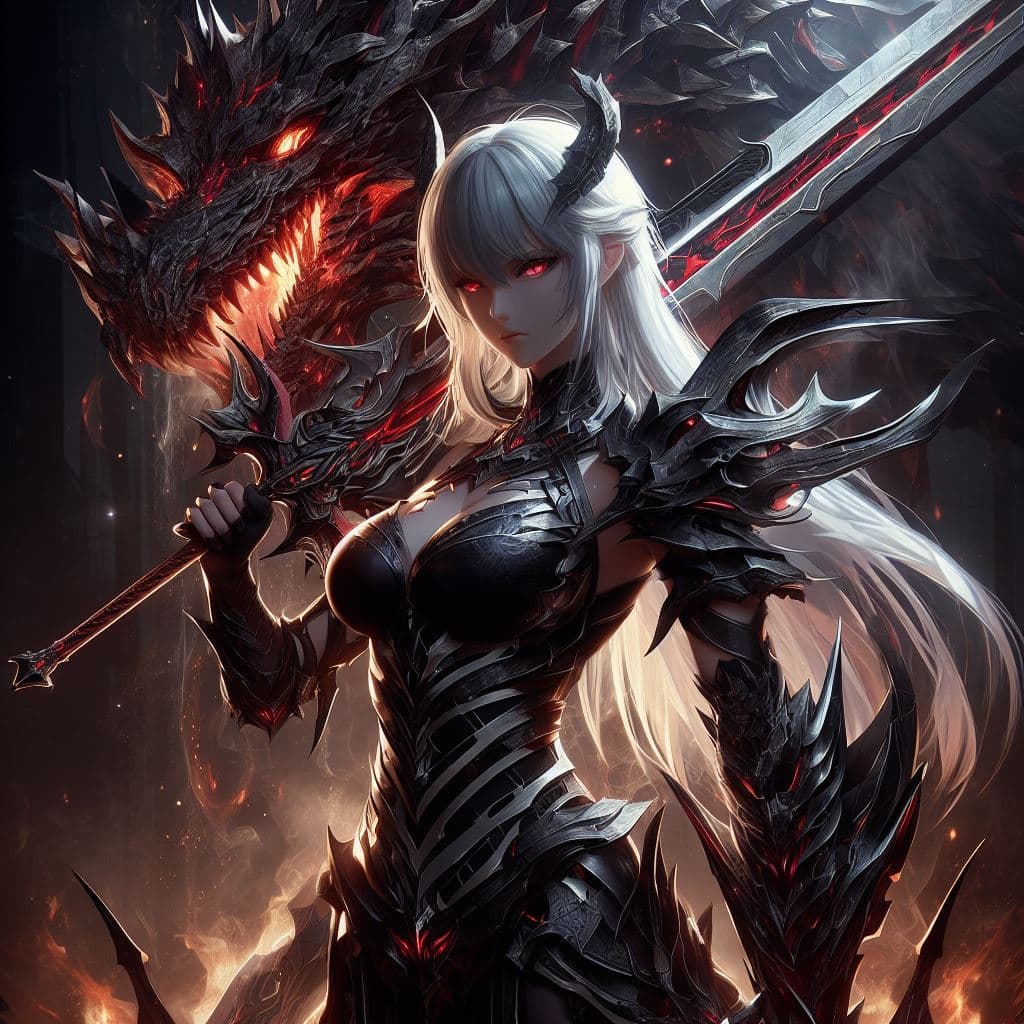 AI generated: A badass female warrior stands tall, holding a massive sword with a serrated blade and a massive det...