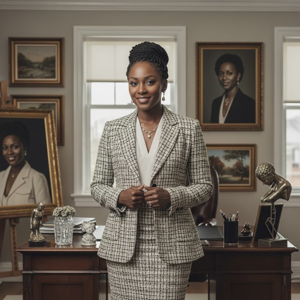 AI generated: a beautiful dark skinned lady with average body size wearing a corporate outfit with accessories to ...