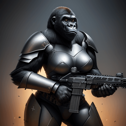 AI generated: Goddess Battle-hardened gorilla in full military armor, holding a carbine rifle, anthropomorphic, su...