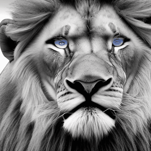 AI generated: Photo of a ultra realistic lion, imposing, sitting with one paw above the other in black and white w...