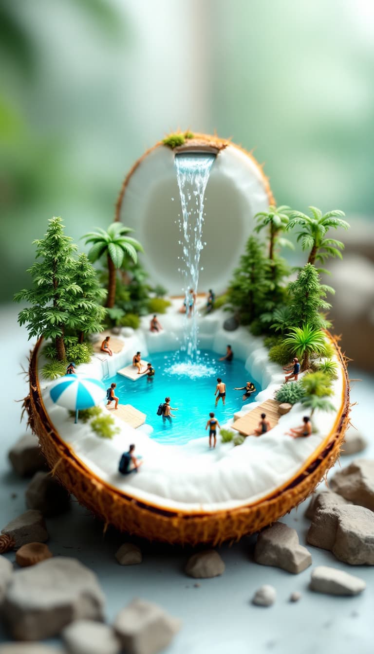 AI generated: The image is a surreal digital artwork featuring a coconut cut in half, with the top half positioned...