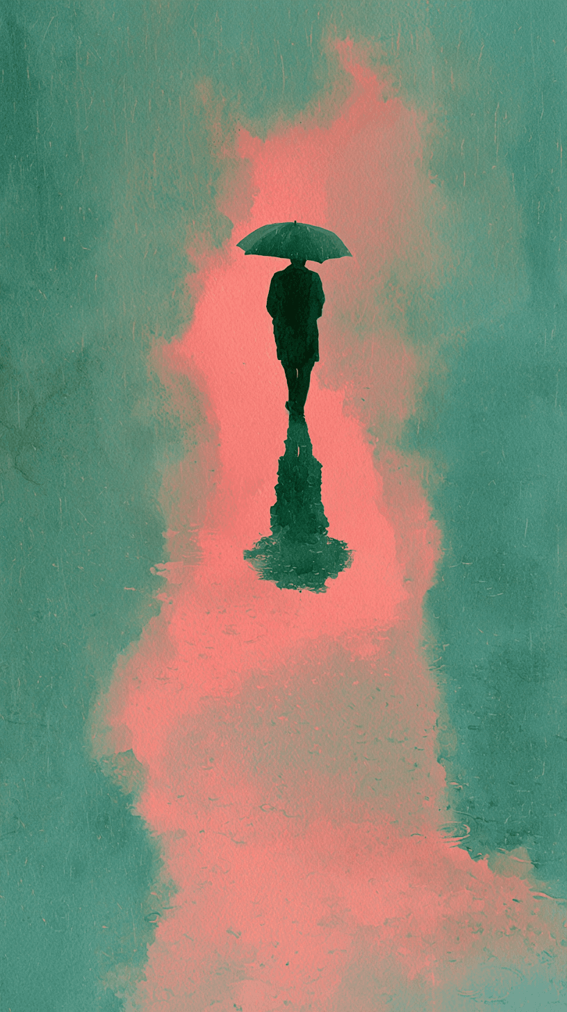 AI generated: watercolor painting art, color inversion, person standing alone in rain, emerald with soft pink hue,...