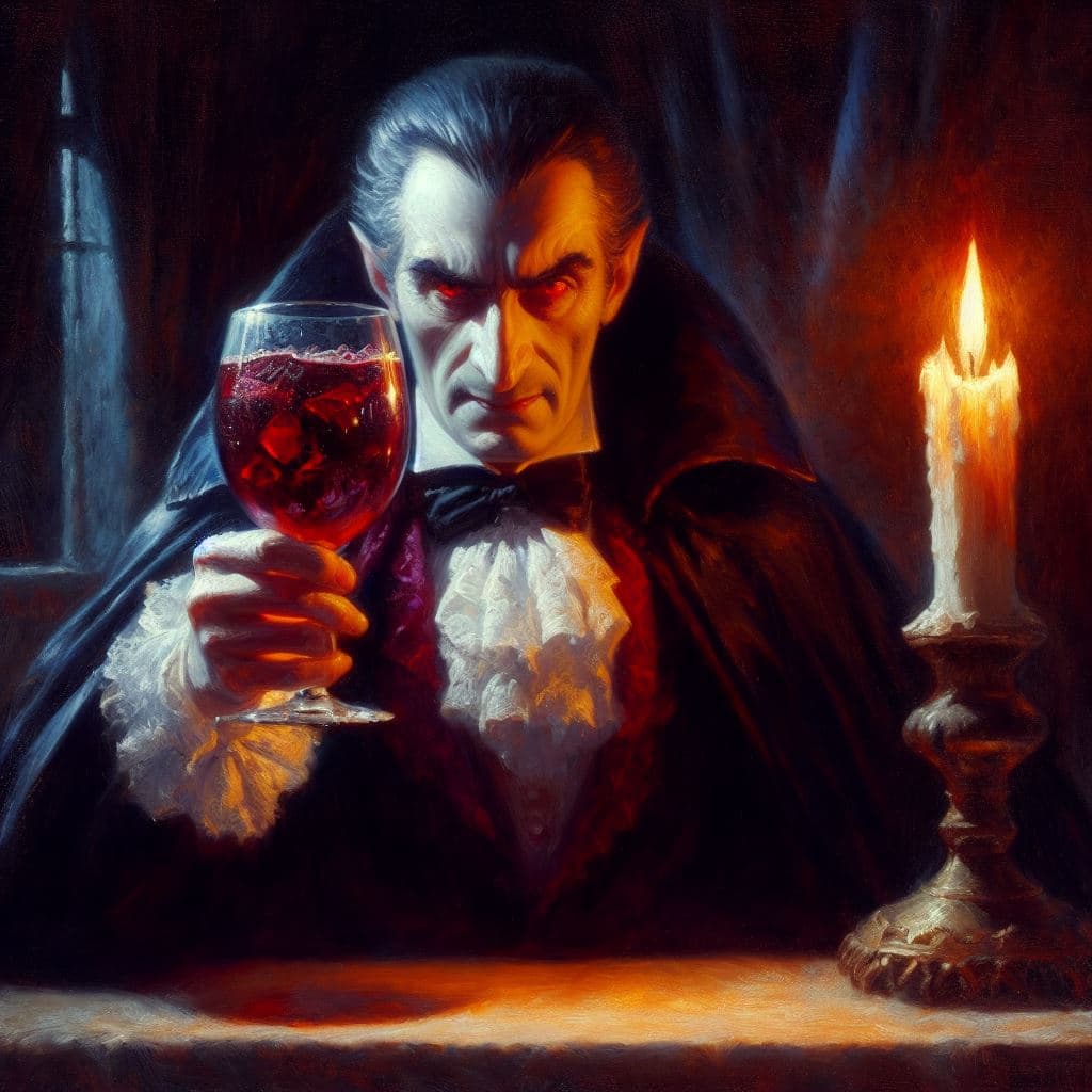 AI generated: Dracula toasts with red wine. Candle light only, fog, full body, 18th century oil painting, style of...